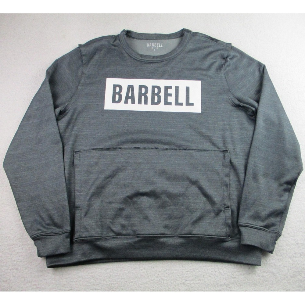 Barbell Sweatshirt Mens Large Gray‎ Pullover Athletic Fleece Pocket Gym Training